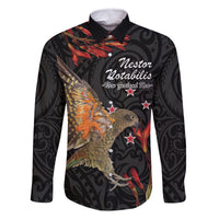 Personalised New Zealand Kea Family Matching Off Shoulder Short Dress and Hawaiian Shirt Nestor Notabilis With Harakeke Maori Pattern LT14 Dad's Shirt - Long Sleeve Black - Polynesian Pride