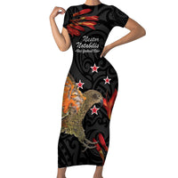 Personalised New Zealand Kea Family Matching Short Sleeve Bodycon Dress and Hawaiian Shirt Nestor Notabilis With Harakeke Maori Pattern LT14 Mom's Dress Black - Polynesian Pride