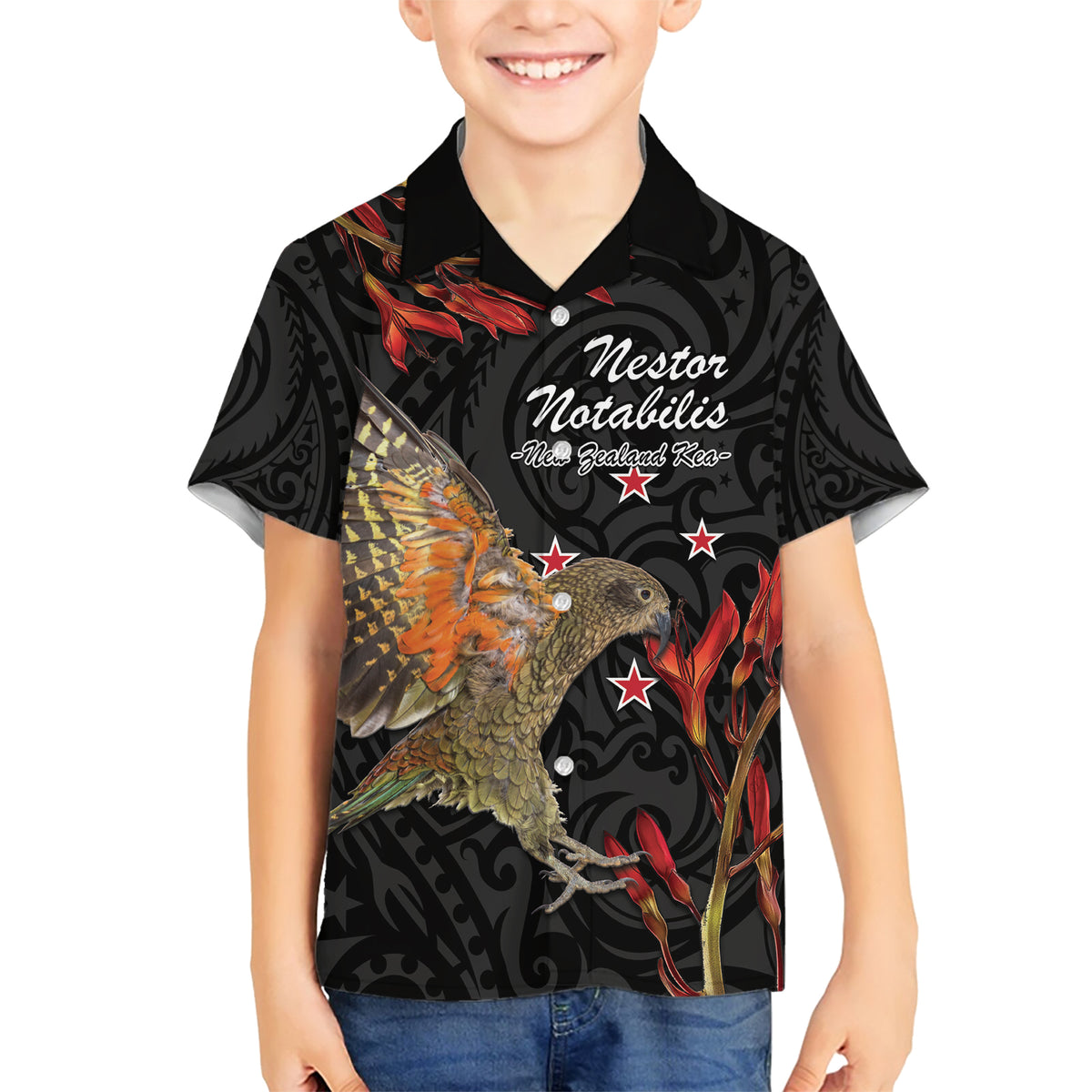 Personalised New Zealand Kea Family Matching Short Sleeve Bodycon Dress and Hawaiian Shirt Nestor Notabilis With Harakeke Maori Pattern LT14 Son's Shirt Black - Polynesian Pride