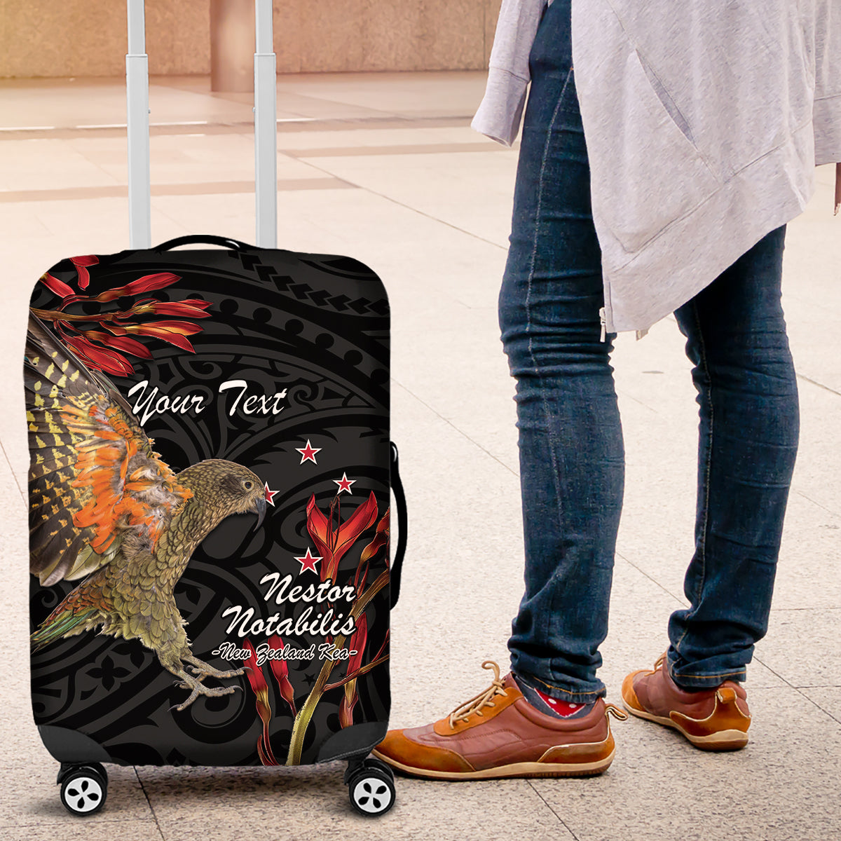 Personalised New Zealand Kea Luggage Cover Nestor Notabilis With Harakeke Maori Pattern