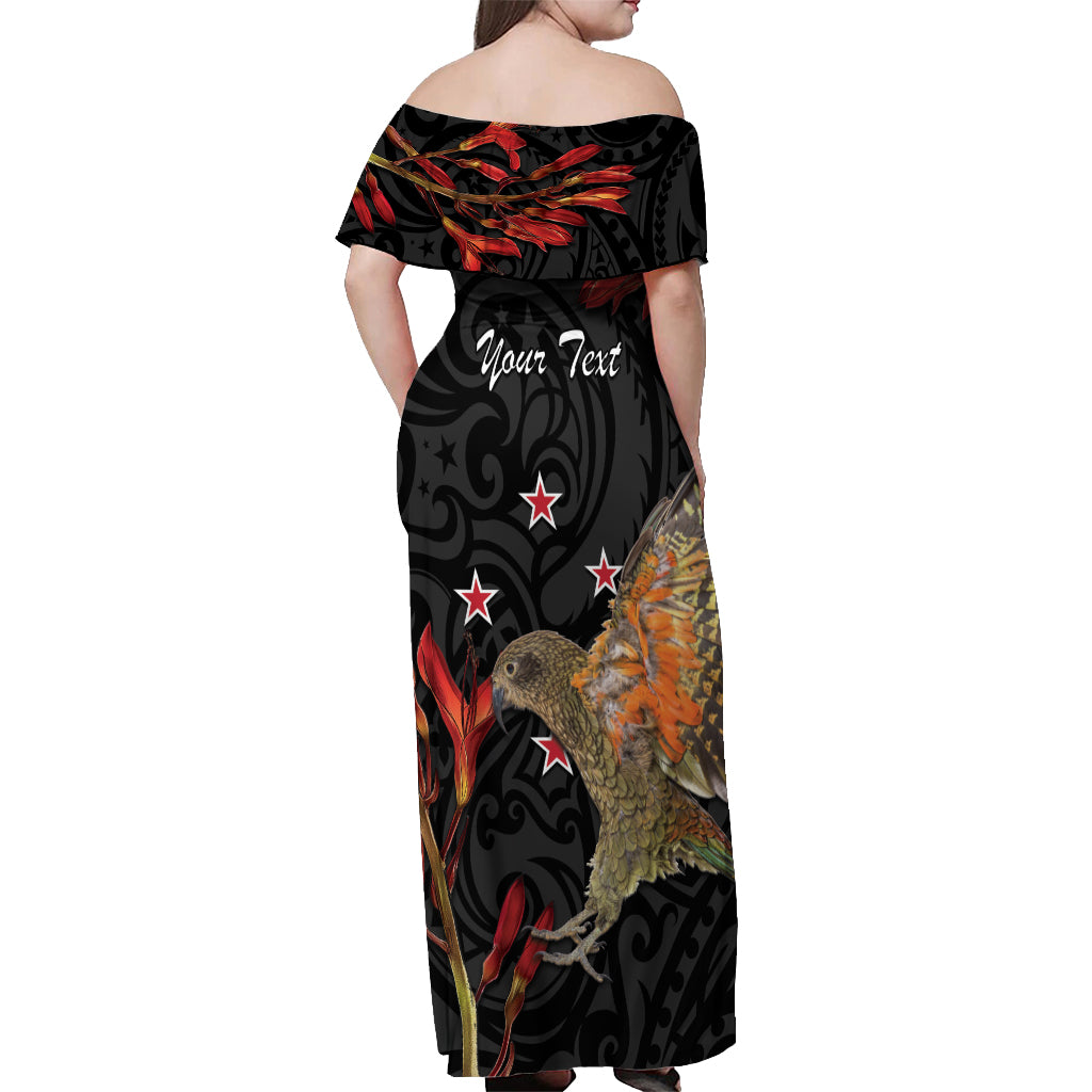 Personalised New Zealand Kea Off Shoulder Maxi Dress Nestor Notabilis With Harakeke Maori Pattern