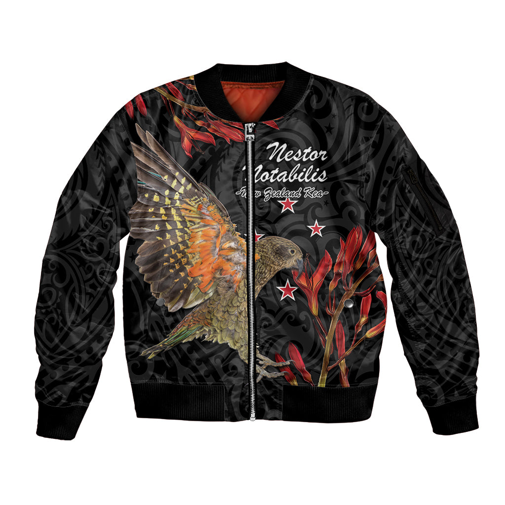Personalised New Zealand Kea Sleeve Zip Bomber Jacket Nestor Notabilis With Harakeke Maori Pattern