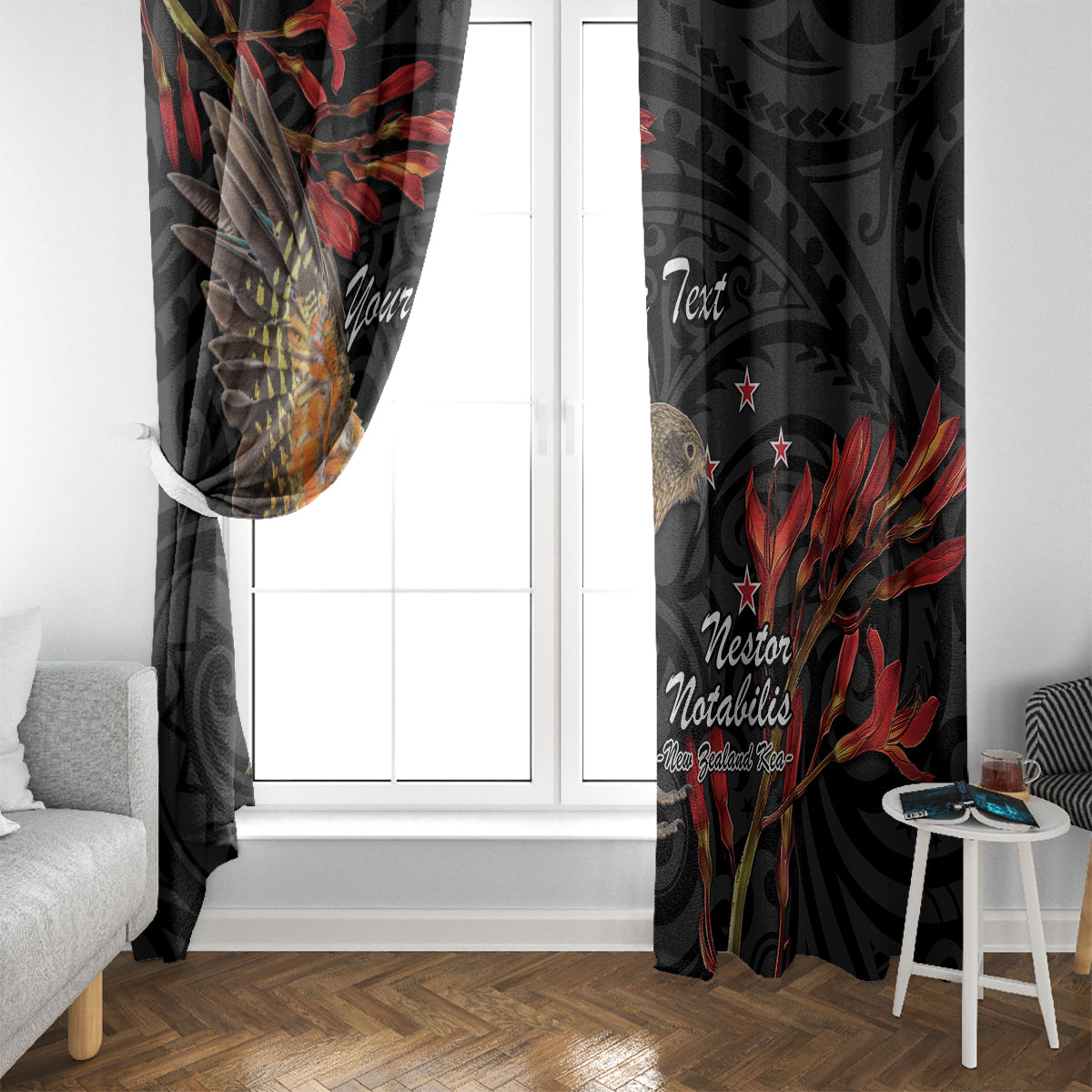 Personalised New Zealand Kea Window Curtain Nestor Notabilis With Harakeke Maori Pattern
