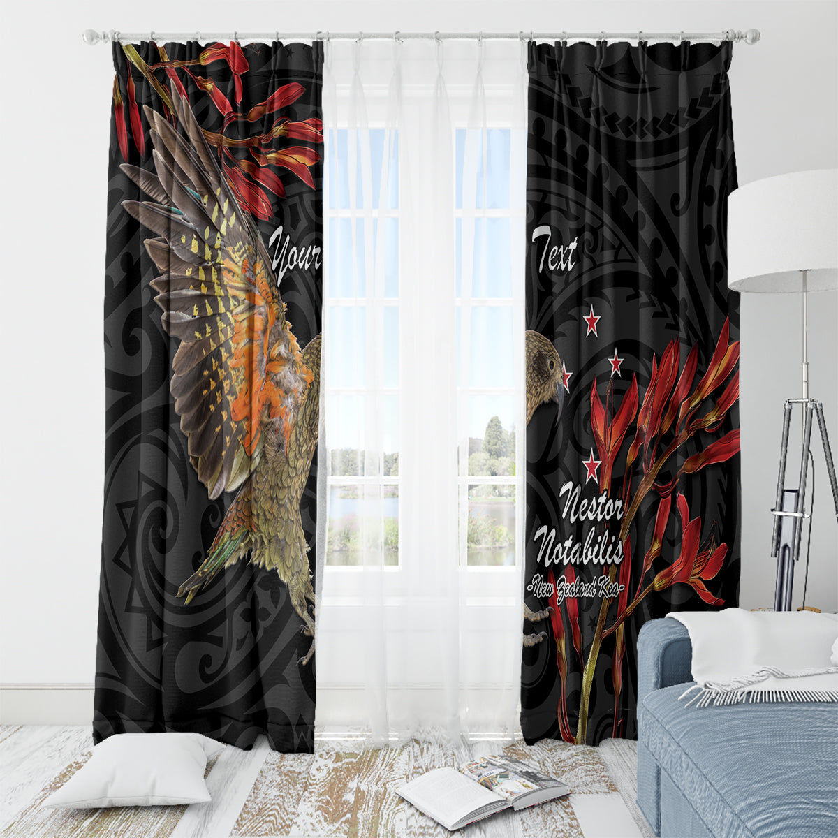Personalised New Zealand Kea Window Curtain Nestor Notabilis With Harakeke Maori Pattern