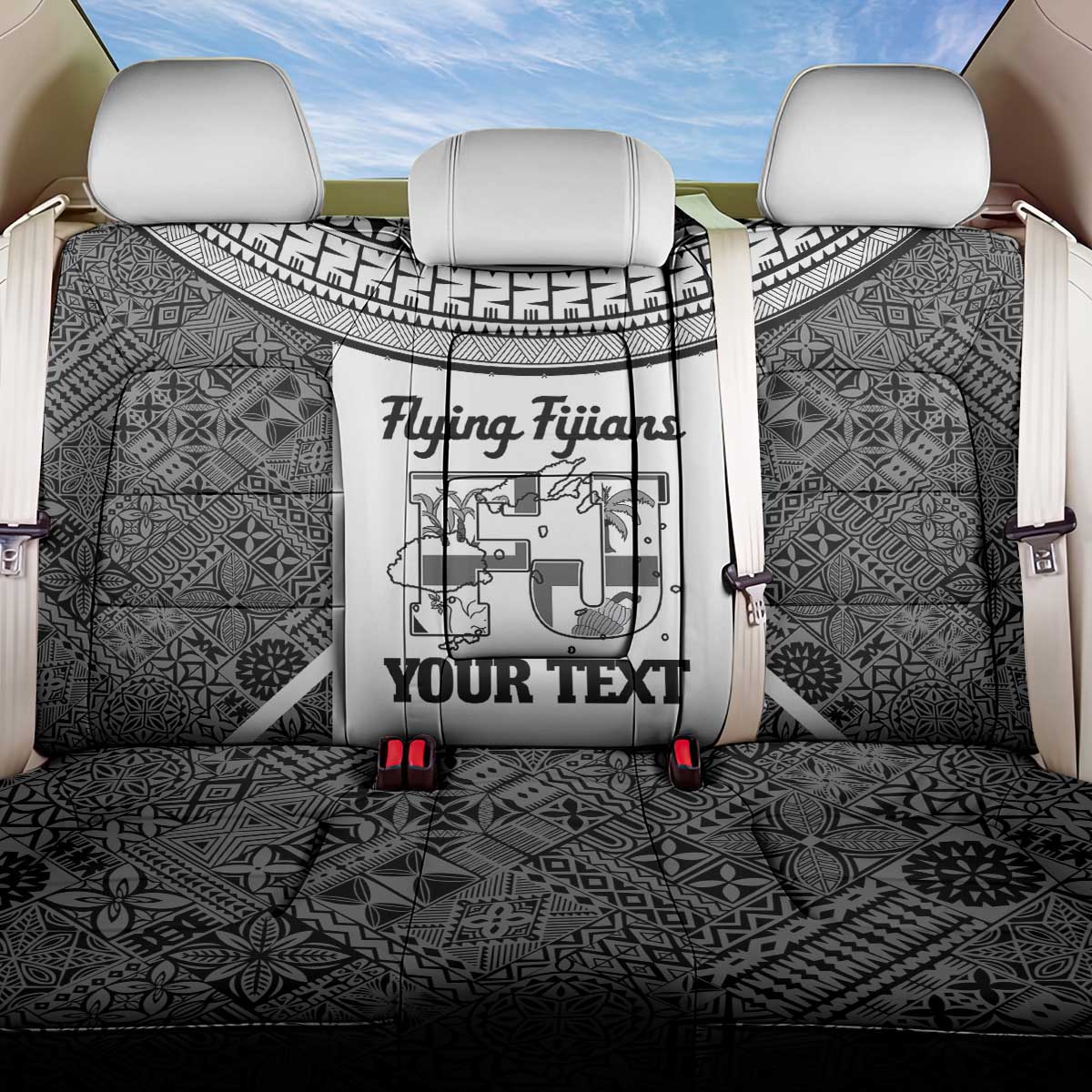 Custom Fiji Tapa Rugby Back Car Seat Cover Flying Fijian Black And White Version LT14 One Size Black - Polynesian Pride