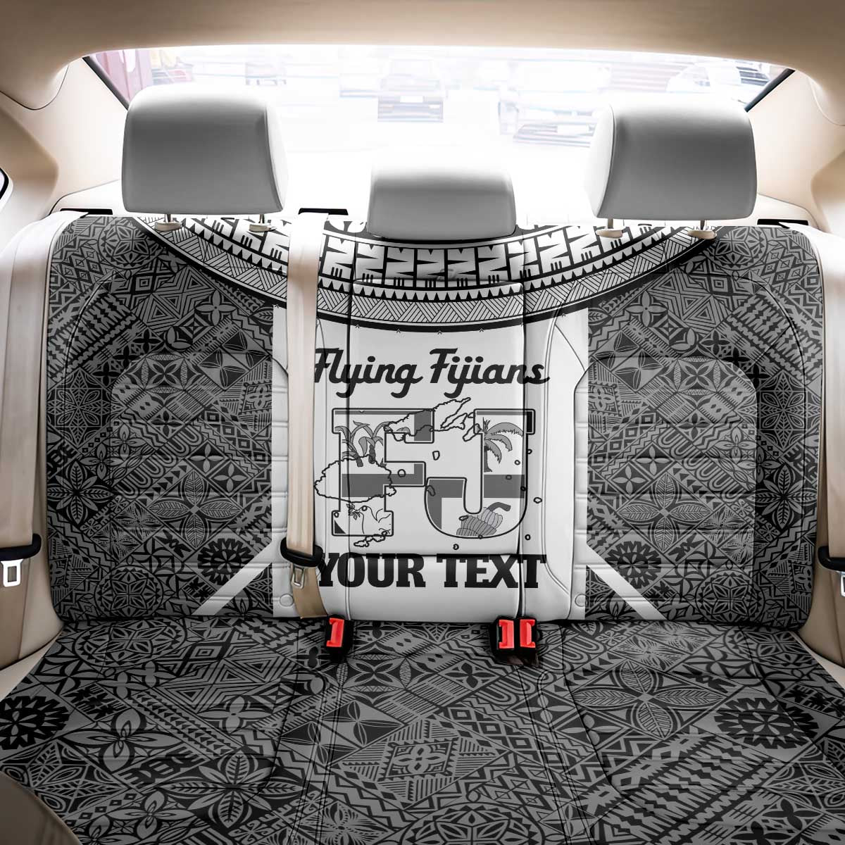 Custom Fiji Tapa Rugby Back Car Seat Cover Flying Fijian Black And White Version LT14 - Polynesian Pride