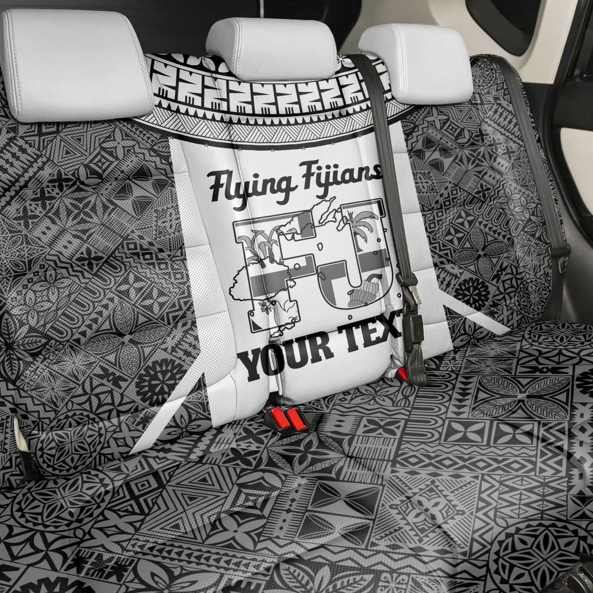 Custom Fiji Tapa Rugby Back Car Seat Cover Flying Fijian Black And White Version LT14 - Polynesian Pride