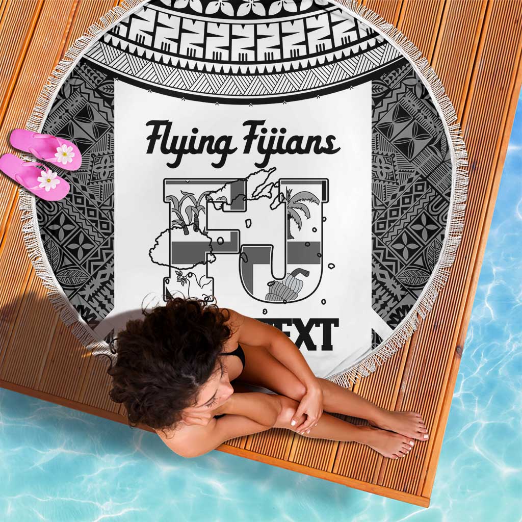 Custom Fiji Tapa Rugby Beach Blanket Flying Fijian Black And White Version