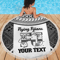 Custom Fiji Tapa Rugby Beach Blanket Flying Fijian Black And White Version