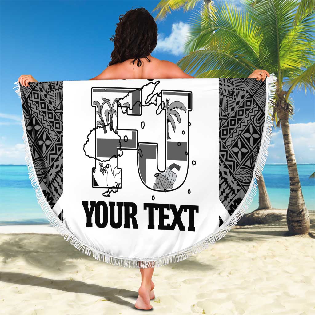 Custom Fiji Tapa Rugby Beach Blanket Flying Fijian Black And White Version