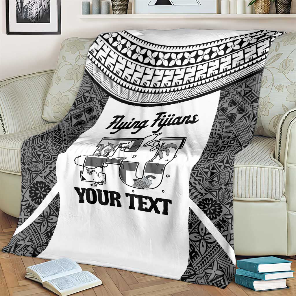 Custom Fiji Tapa Rugby Blanket Flying Fijian Black And White Version