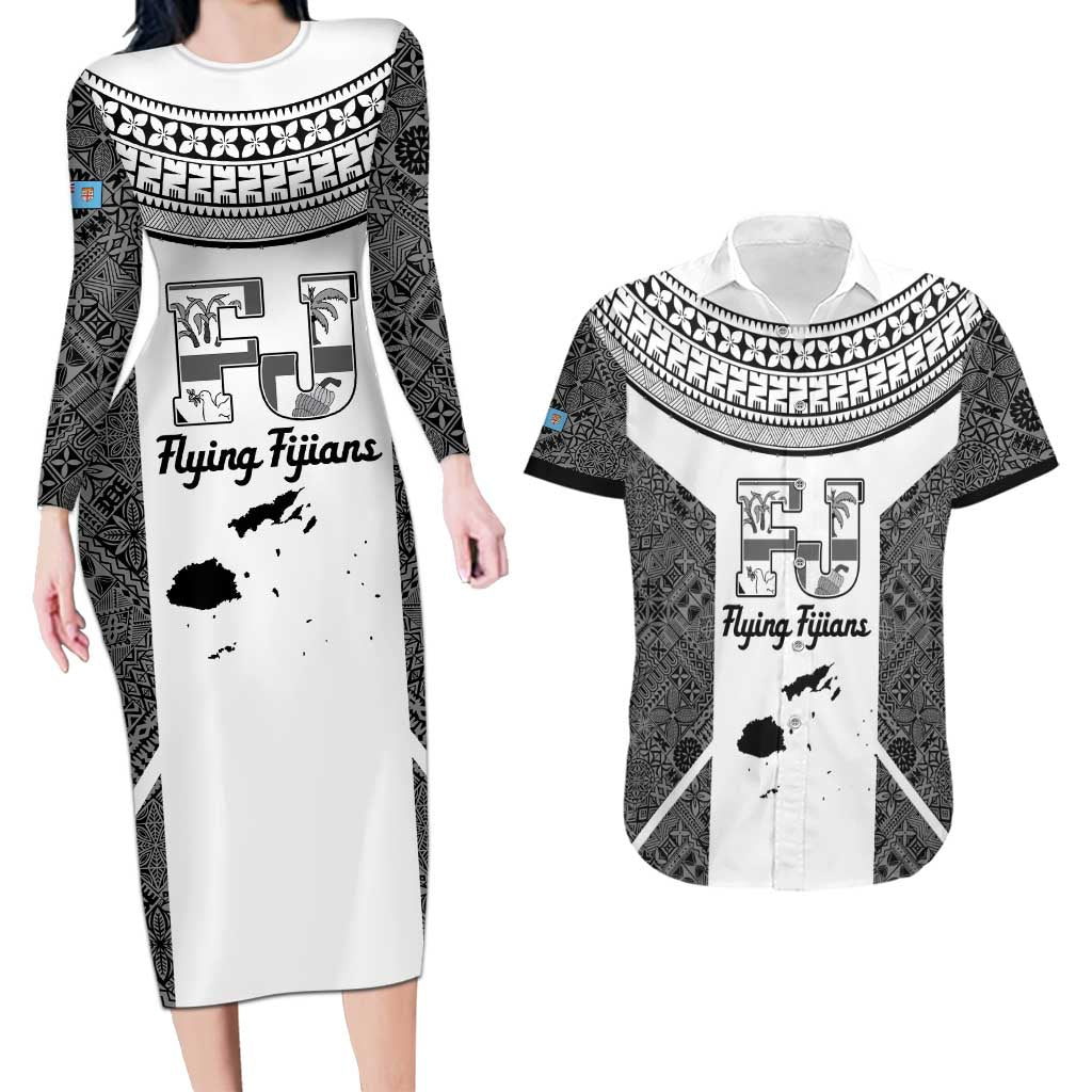 Custom Fiji Tapa Rugby Couples Matching Long Sleeve Bodycon Dress and Hawaiian Shirt Flying Fijian Black And White Version