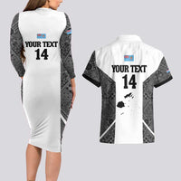 Custom Fiji Tapa Rugby Couples Matching Long Sleeve Bodycon Dress and Hawaiian Shirt Flying Fijian Black And White Version