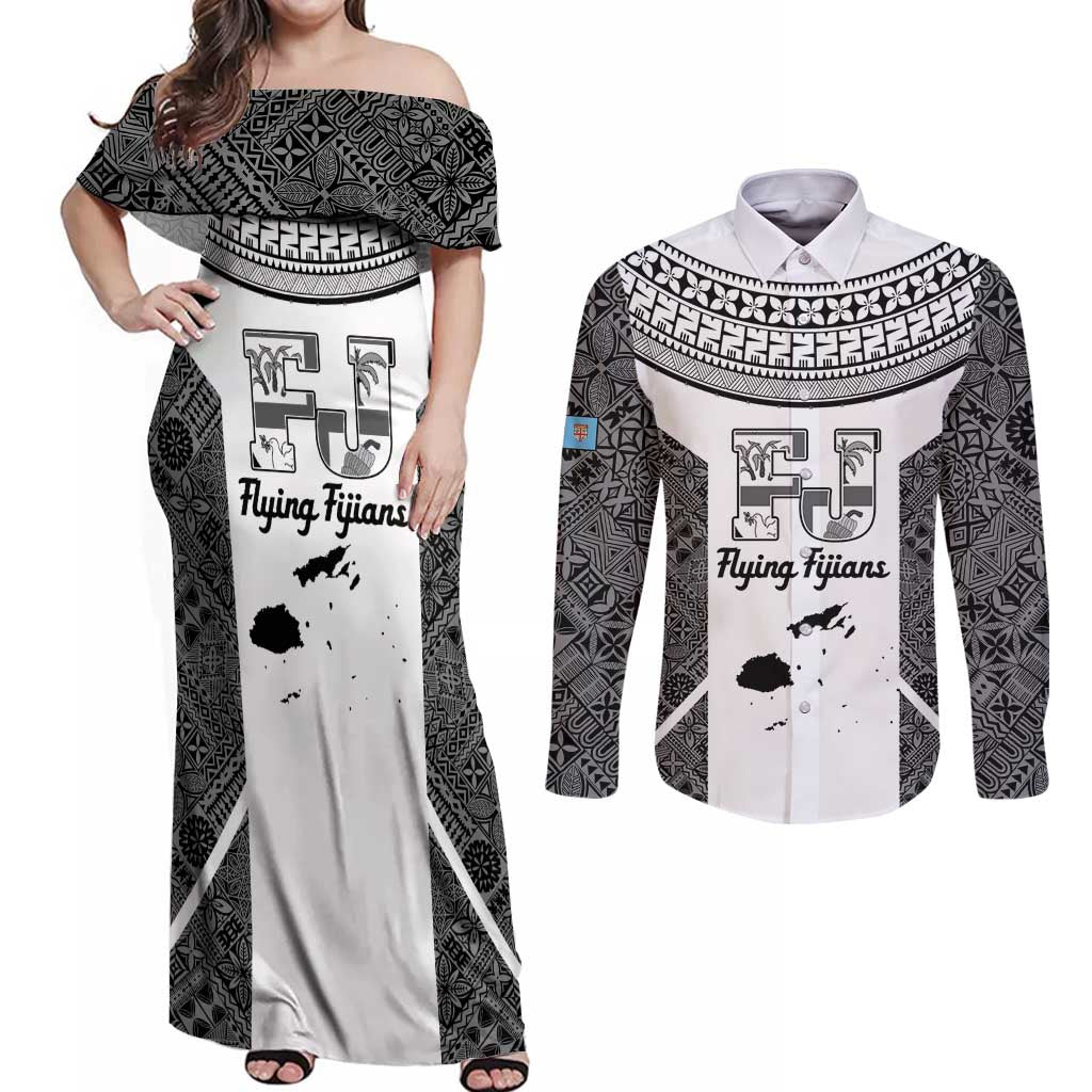 Custom Fiji Tapa Rugby Couples Matching Off Shoulder Maxi Dress and Long Sleeve Button Shirt Flying Fijian Black And White Version