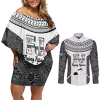 Custom Fiji Tapa Rugby Couples Matching Off Shoulder Short Dress and Long Sleeve Button Shirt Flying Fijian Black And White Version