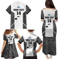 Custom Fiji Tapa Rugby Family Matching Puletasi and Hawaiian Shirt Flying Fijian Black And White Version