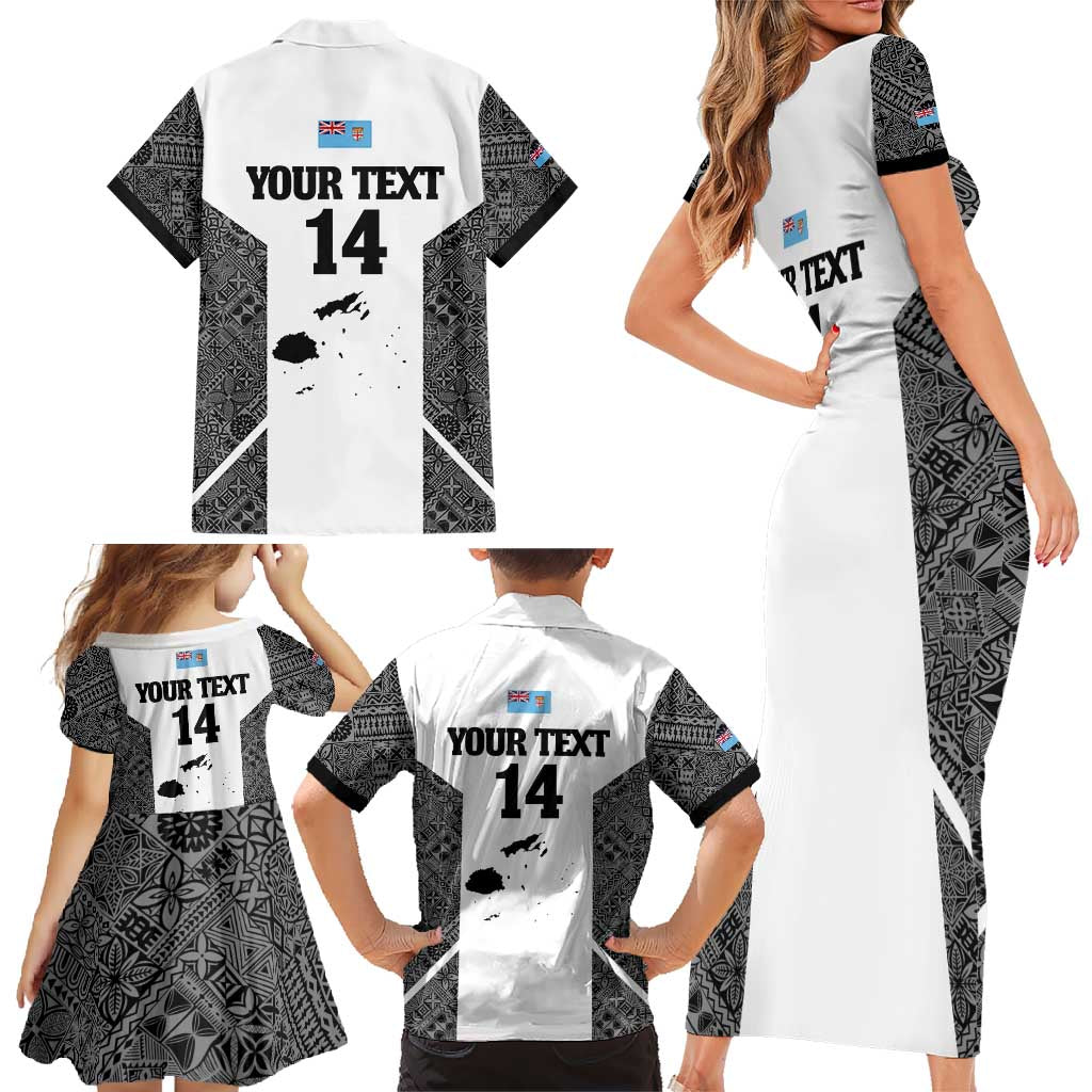 Custom Fiji Tapa Rugby Family Matching Short Sleeve Bodycon Dress and Hawaiian Shirt Flying Fijian Black And White Version