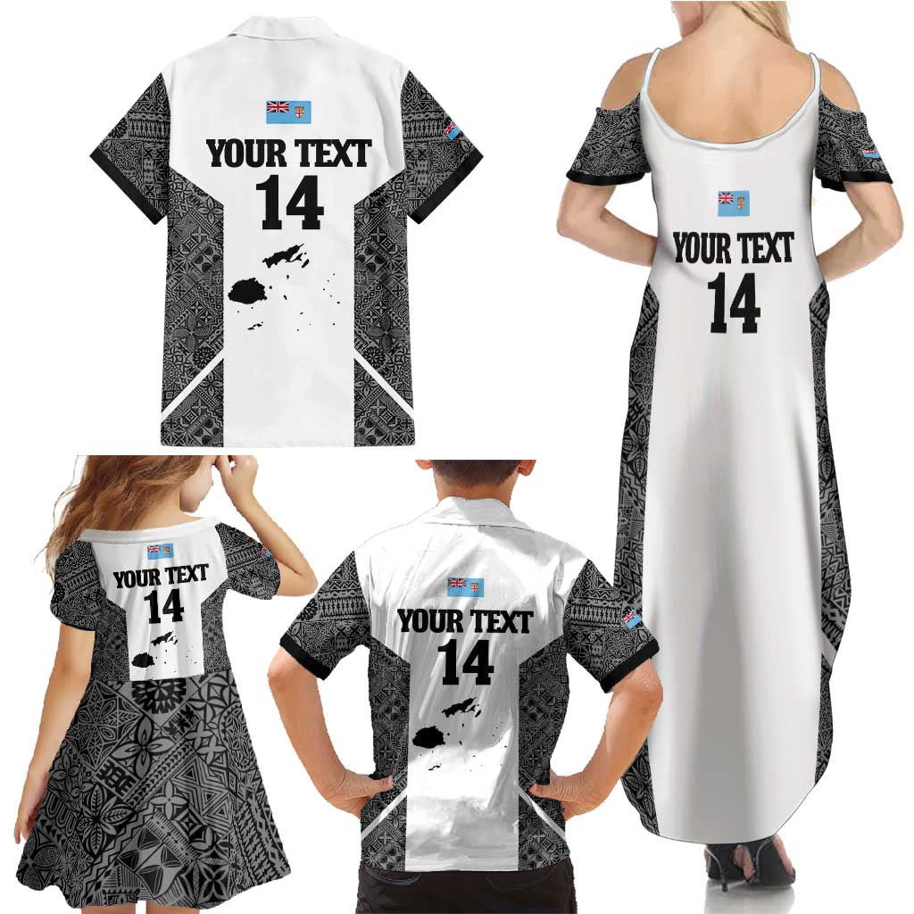 Custom Fiji Tapa Rugby Family Matching Summer Maxi Dress and Hawaiian Shirt Flying Fijian Black And White Version