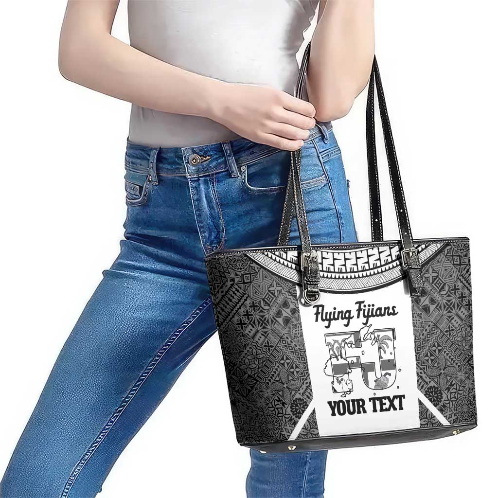 Custom Fiji Tapa Rugby Leather Tote Bag Flying Fijian Black And White Version