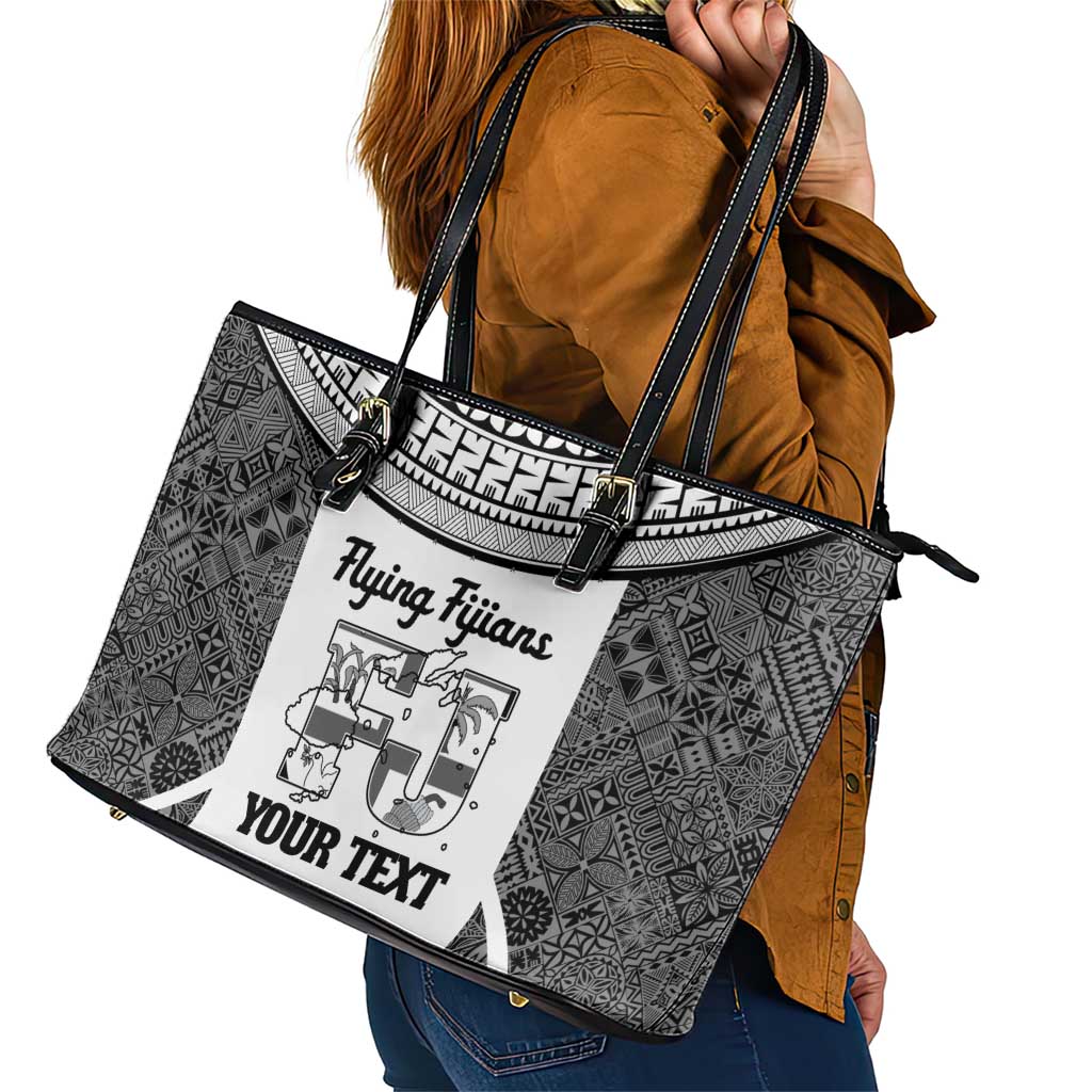 Custom Fiji Tapa Rugby Leather Tote Bag Flying Fijian Black And White Version