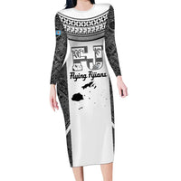 Custom Fiji Tapa Rugby Long Sleeve Bodycon Dress Flying Fijian Black And White Version