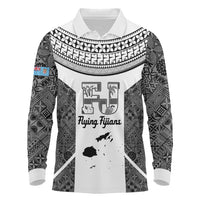 Custom Fiji Tapa Rugby Long Sleeve Polo Shirt Flying Fijian Black And White Version
