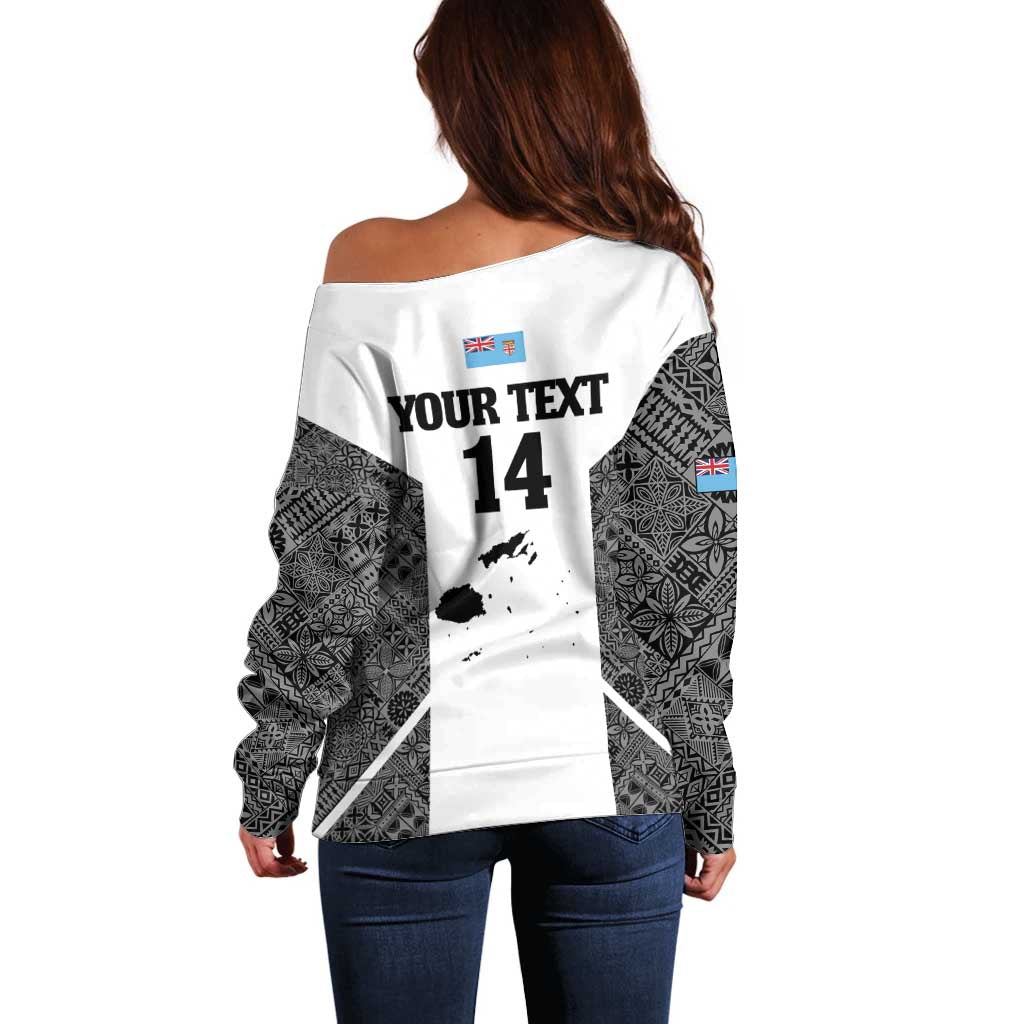 Custom Fiji Tapa Rugby Off Shoulder Sweater Flying Fijian Black And White Version