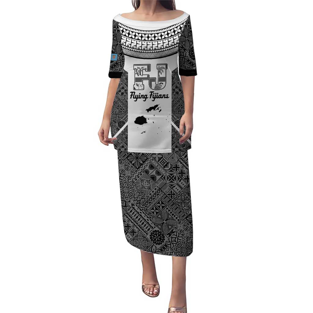 Custom Fiji Tapa Rugby Puletasi Flying Fijian Black And White Version