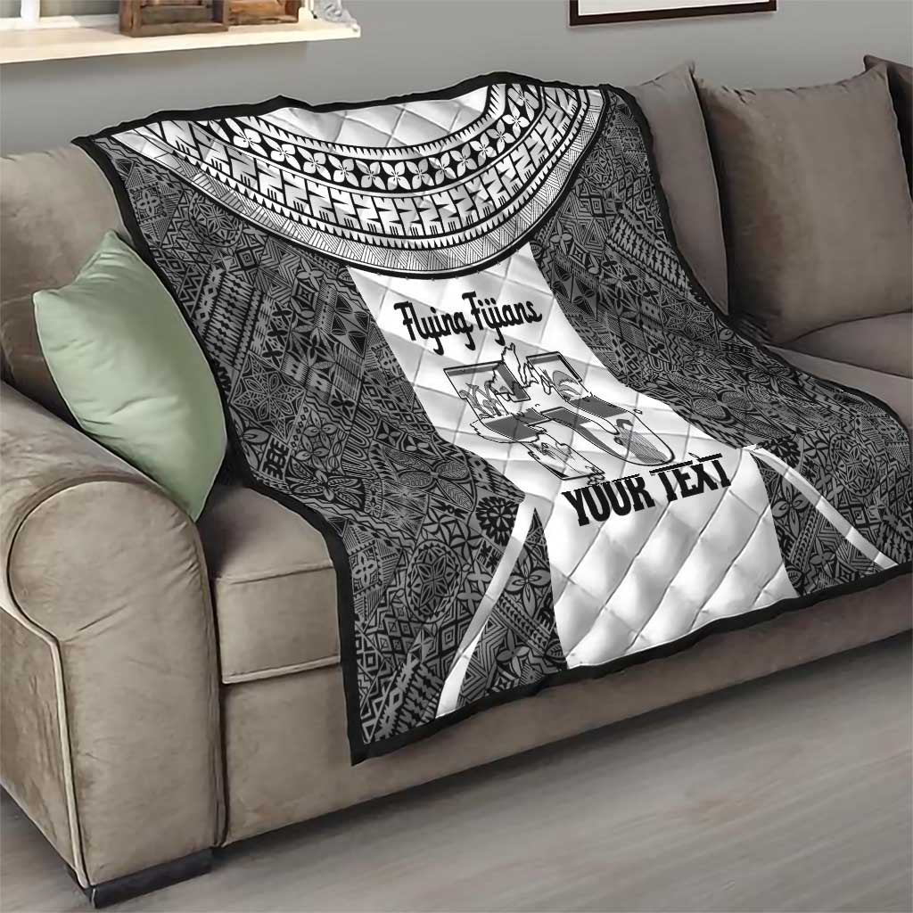 Custom Fiji Tapa Rugby Quilt Flying Fijian Black And White Version