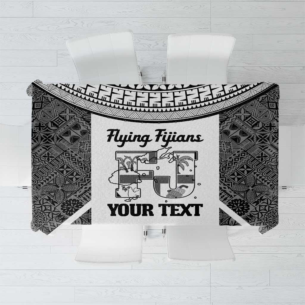 Custom Fiji Tapa Rugby Tablecloth Flying Fijian Black And White Version