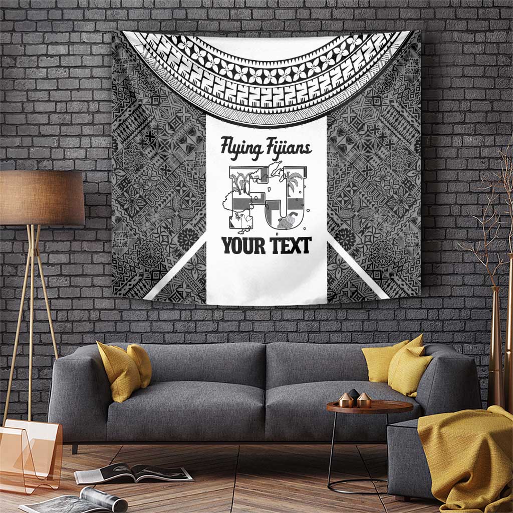 Custom Fiji Tapa Rugby Tapestry Flying Fijian Black And White Version