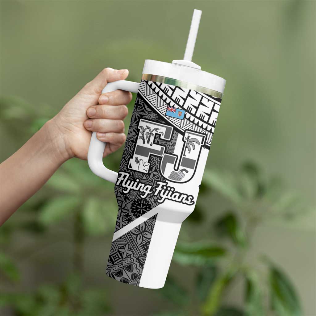 Custom Fiji Tapa Rugby Tumbler With Handle Flying Fijian Black And White Version