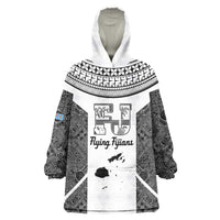 Custom Fiji Tapa Rugby Wearable Blanket Hoodie Flying Fijian Black And White Version