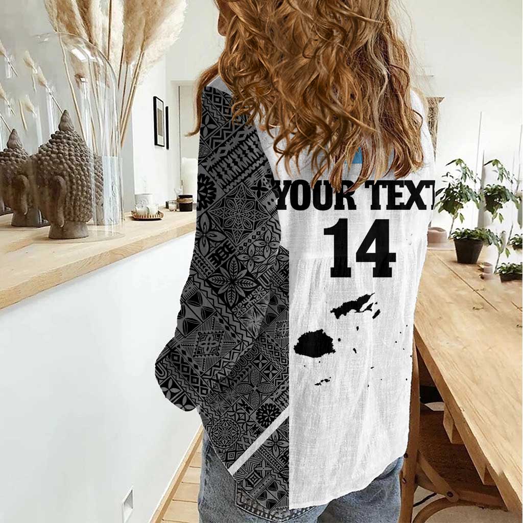 Custom Fiji Tapa Rugby Women Casual Shirt Flying Fijian Black And White Version
