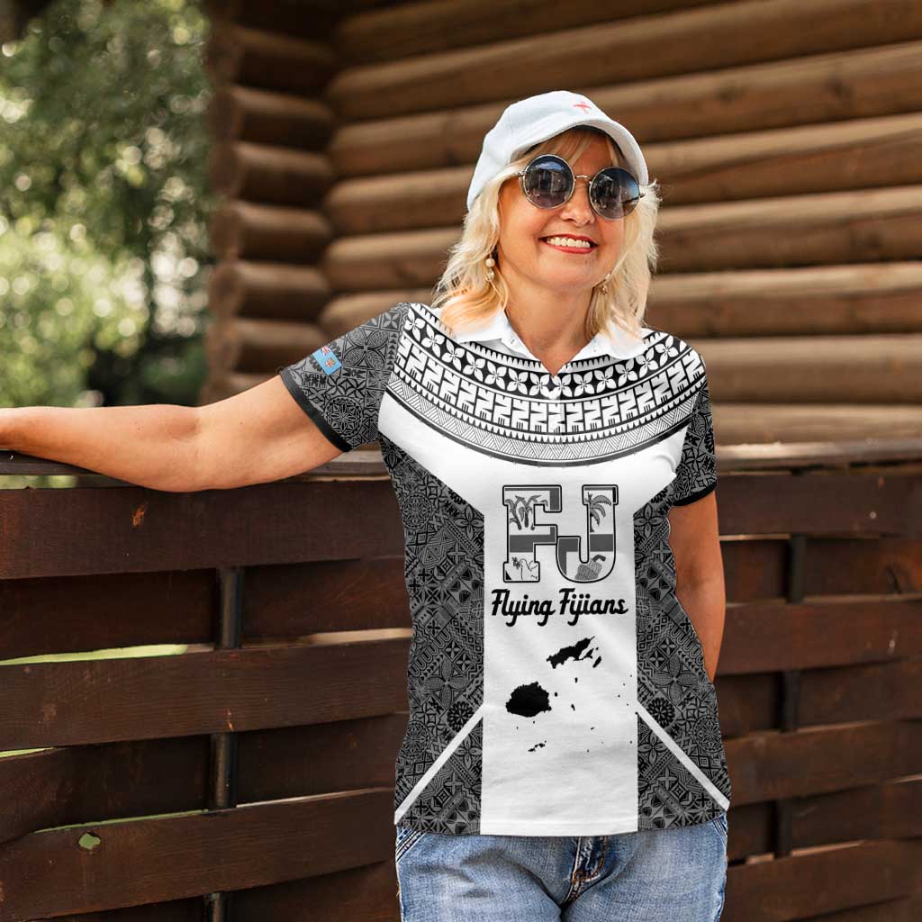 Custom Fiji Tapa Rugby Women Polo Shirt Flying Fijian Black And White Version