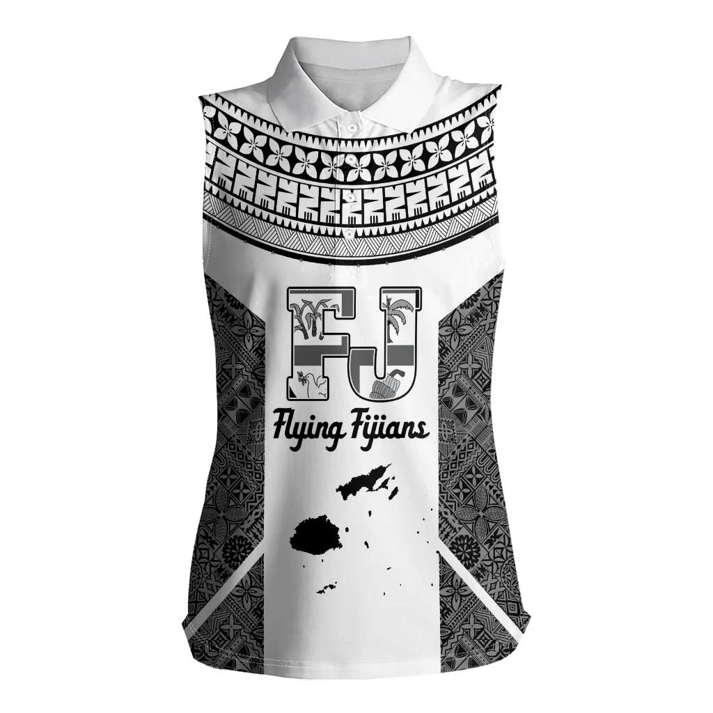 Custom Fiji Tapa Rugby Women Sleeveless Polo Shirt Flying Fijian Black And White Version