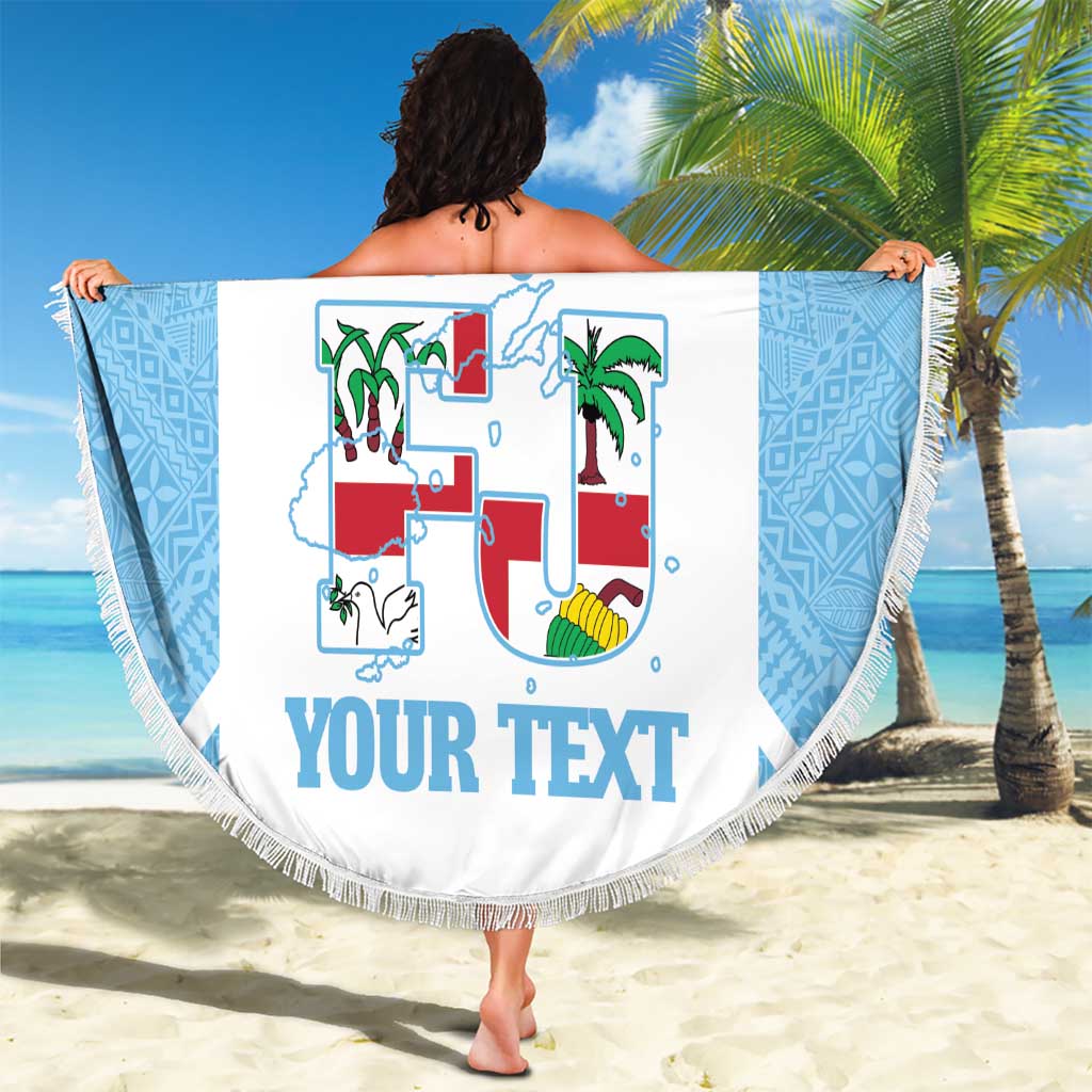 Custom Fiji Tapa Rugby Beach Blanket Flying Fijian Blue And White Version