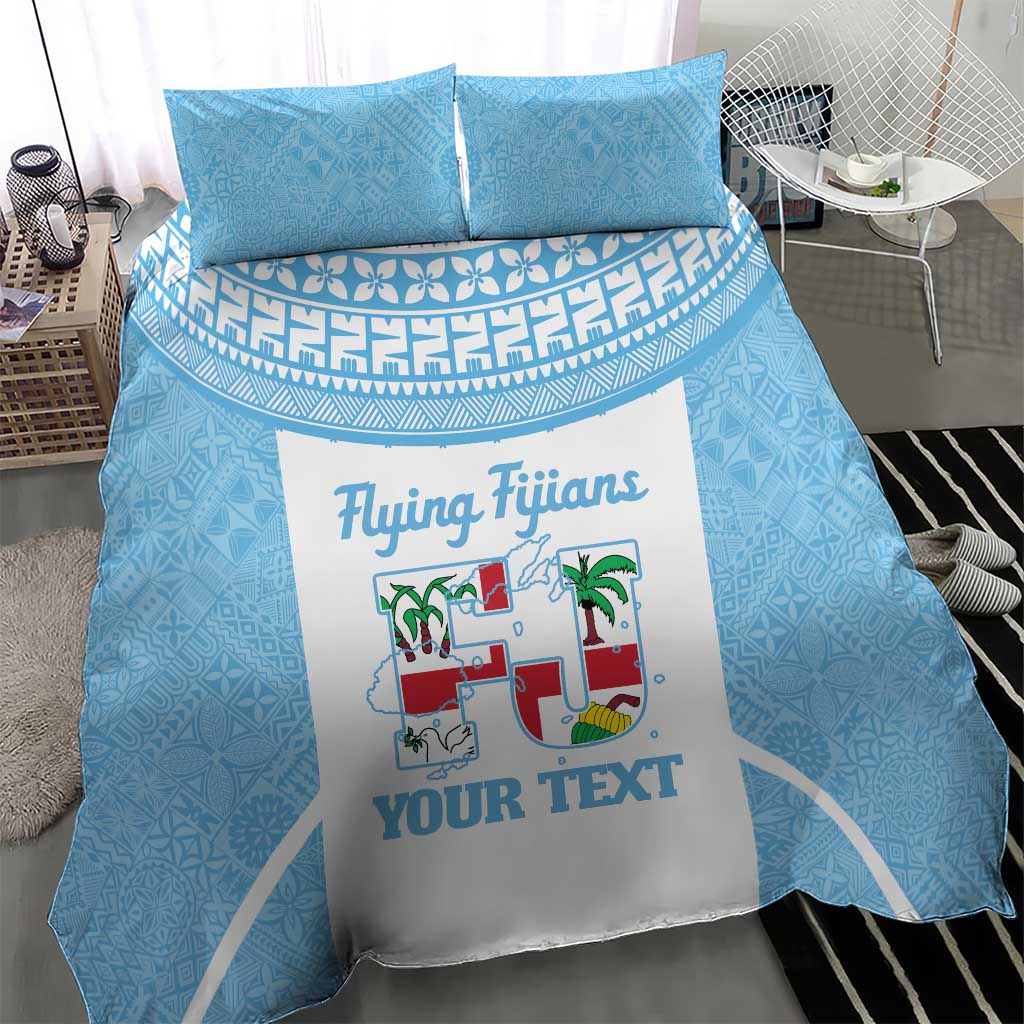 Custom Fiji Tapa Rugby Bedding Set Flying Fijian Blue And White Version