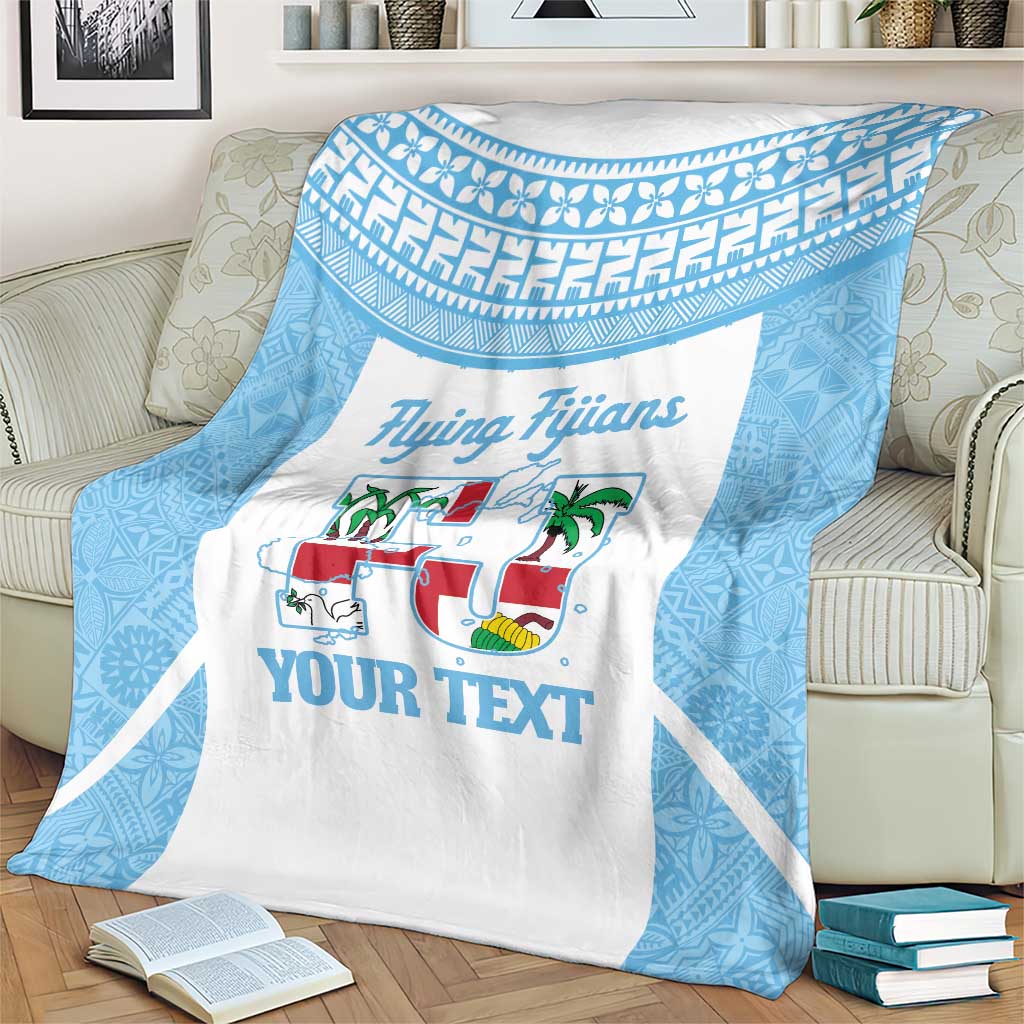 Custom Fiji Tapa Rugby Blanket Flying Fijian Blue And White Version