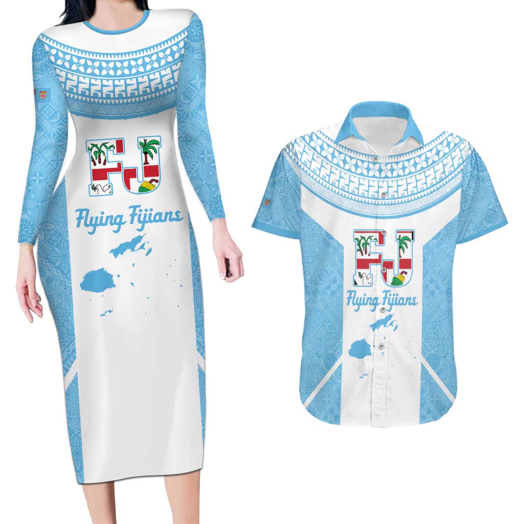 Custom Fiji Tapa Rugby Couples Matching Long Sleeve Bodycon Dress and Hawaiian Shirt Flying Fijian Blue And White Version