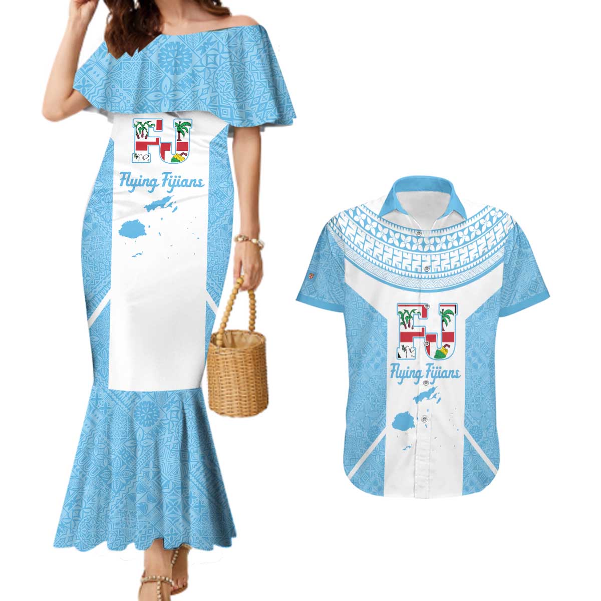 Custom Fiji Tapa Rugby Couples Matching Mermaid Dress and Hawaiian Shirt Flying Fijian Blue And White Version