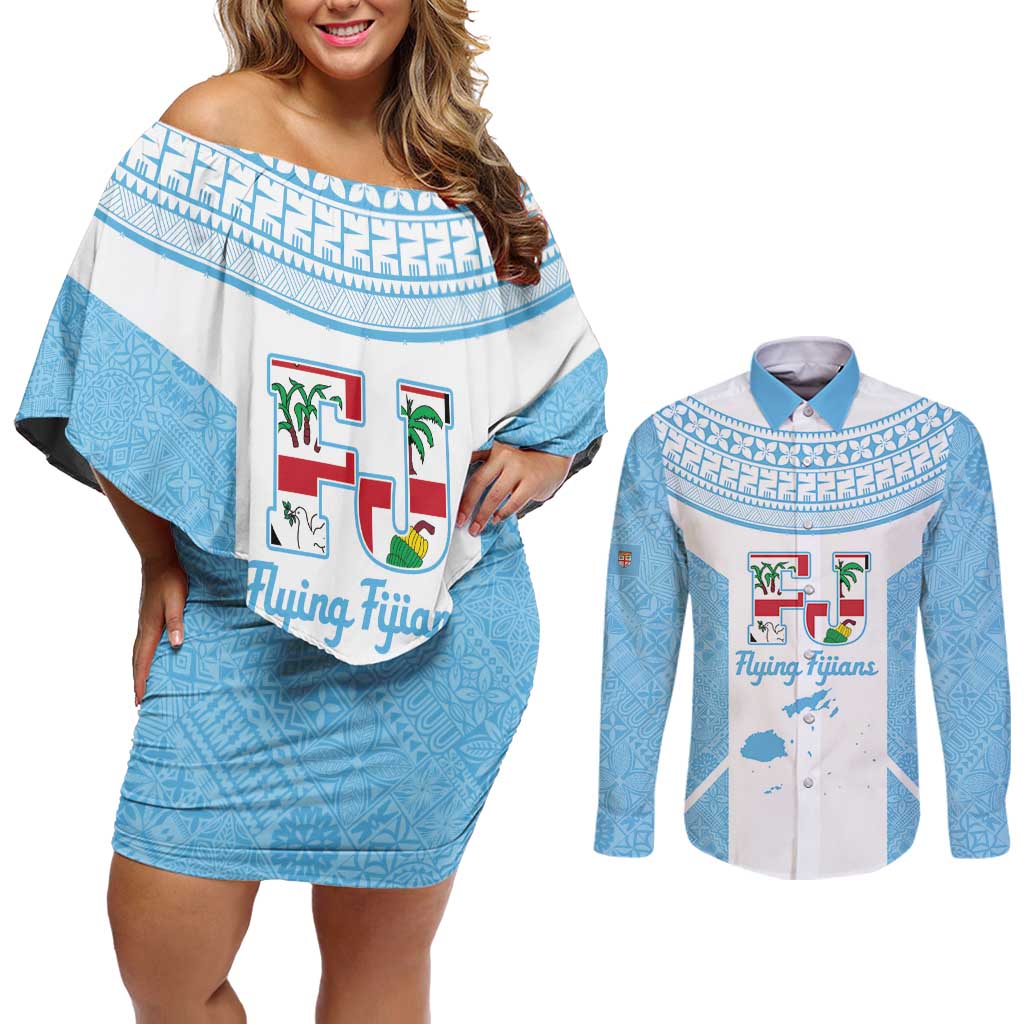 Custom Fiji Tapa Rugby Couples Matching Off Shoulder Short Dress and Long Sleeve Button Shirt Flying Fijian Blue And White Version