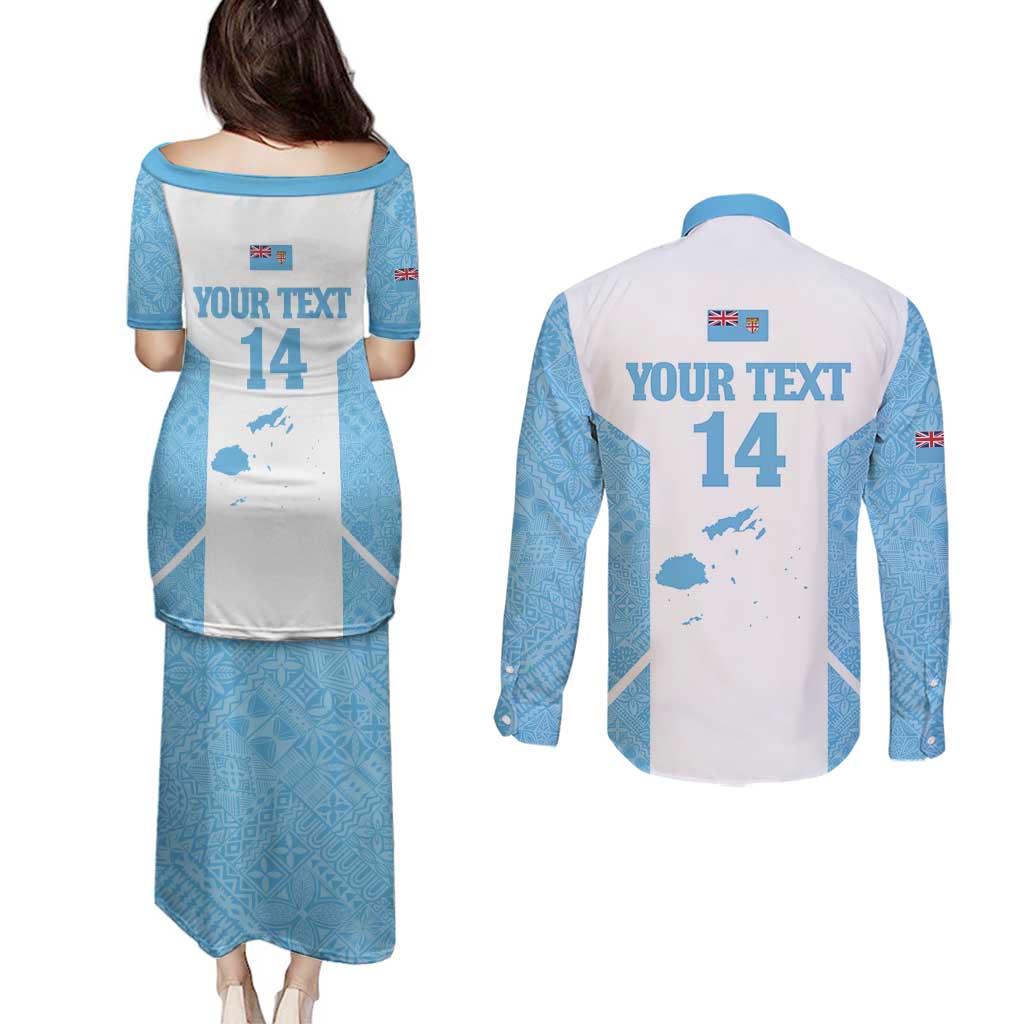 Custom Fiji Tapa Rugby Couples Matching Puletasi and Long Sleeve Button Shirt Flying Fijian Blue And White Version