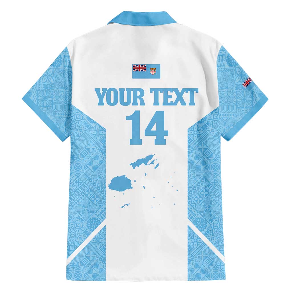 Custom Fiji Tapa Rugby Family Matching Long Sleeve Bodycon Dress and Hawaiian Shirt Flying Fijian Blue And White Version