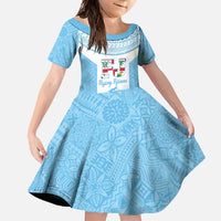 Custom Fiji Tapa Rugby Family Matching Off Shoulder Maxi Dress and Hawaiian Shirt Flying Fijian Blue And White Version