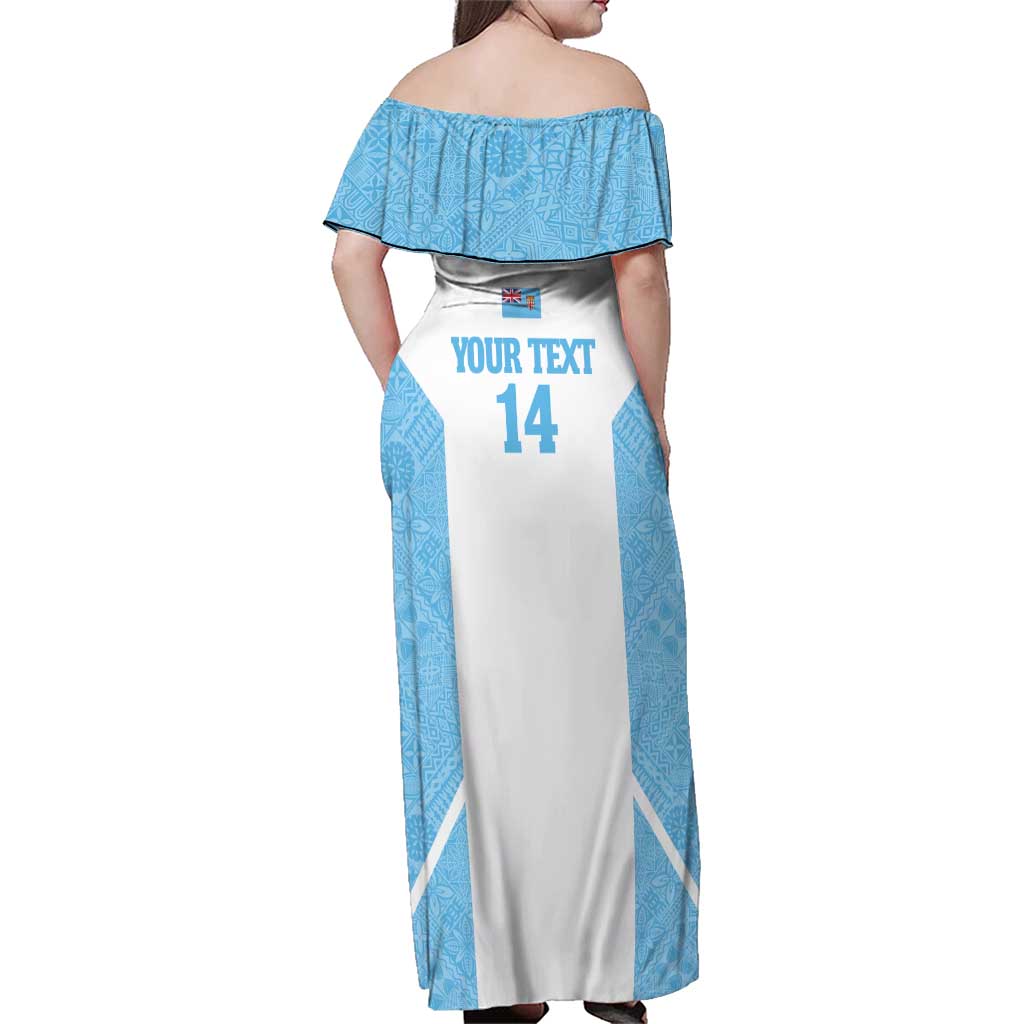 Custom Fiji Tapa Rugby Family Matching Off Shoulder Maxi Dress and Hawaiian Shirt Flying Fijian Blue And White Version