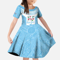 Custom Fiji Tapa Rugby Family Matching Short Sleeve Bodycon Dress and Hawaiian Shirt Flying Fijian Blue And White Version