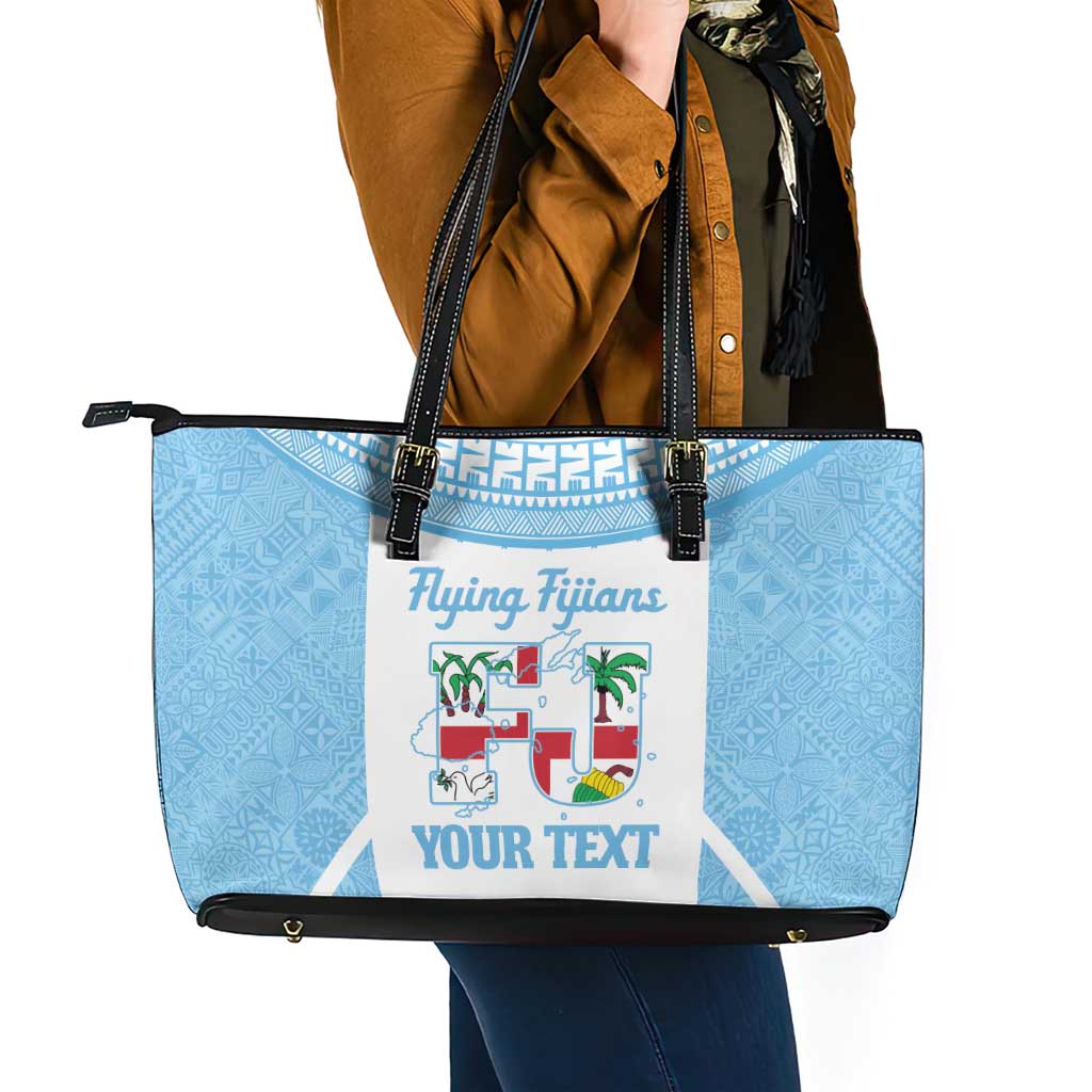Custom Fiji Tapa Rugby Leather Tote Bag Flying Fijian Blue And White Version