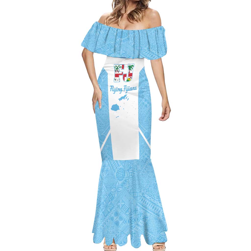 Custom Fiji Tapa Rugby Mermaid Dress Flying Fijian Blue And White Version