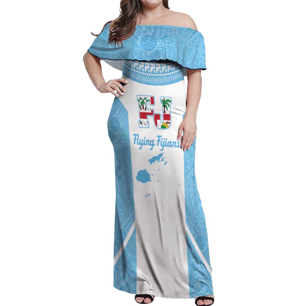 Custom Fiji Tapa Rugby Off Shoulder Maxi Dress Flying Fijian Blue And White Version